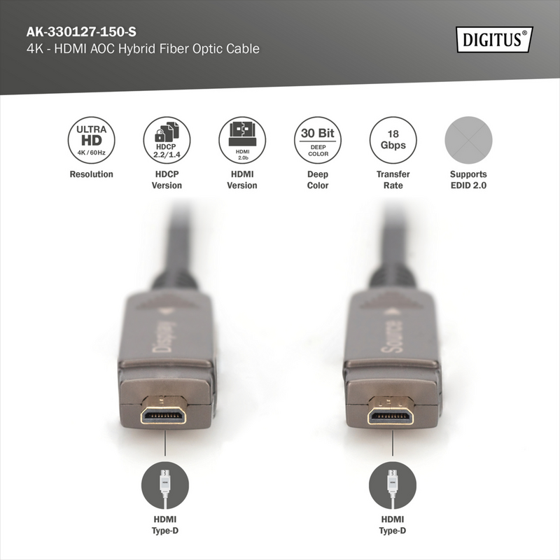 Digitus HDMI / Micro HDMI AOC Hybrid Glasfaserkabel, UHD 4K Kabel, schwarz, 15