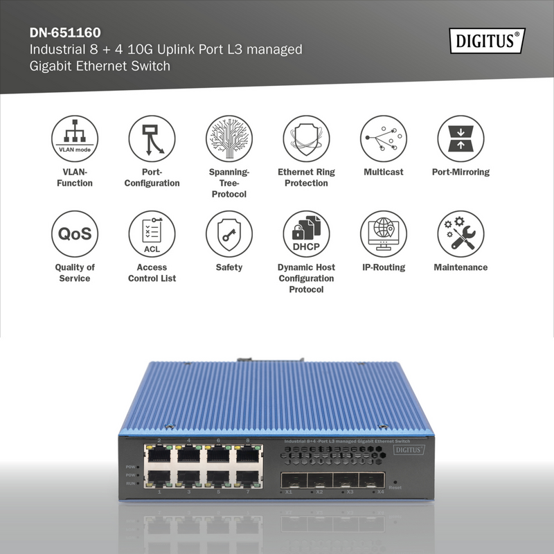 Digitus Industrialler 8 + 4 10G Uplink Port L3 managed Gigabit Switch