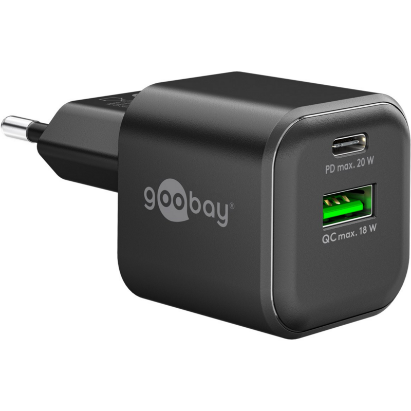 goobay 20 W USB-C PD GaN Dual-Schnellladegerät Nano Ladegerät, schwarz