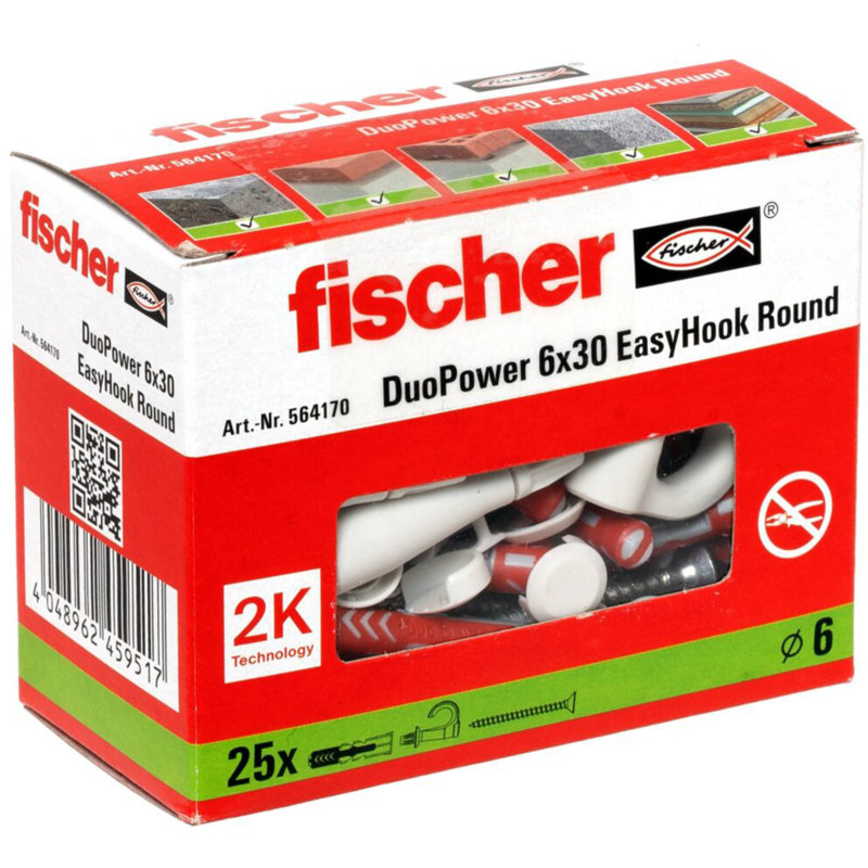 fischer EasyHook Round DuoPower 6x30 Dübel, weiß, 25 Stück, mit EasyHook
