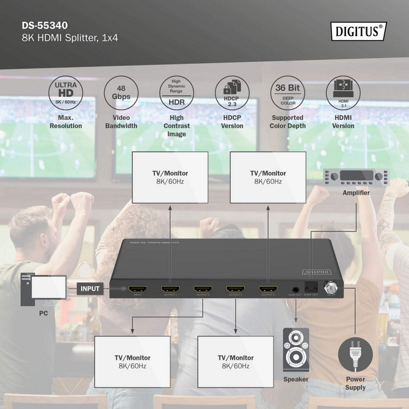 Digitus 8K HDMI Splitter, 1x4, schwarz, mit Downscaler