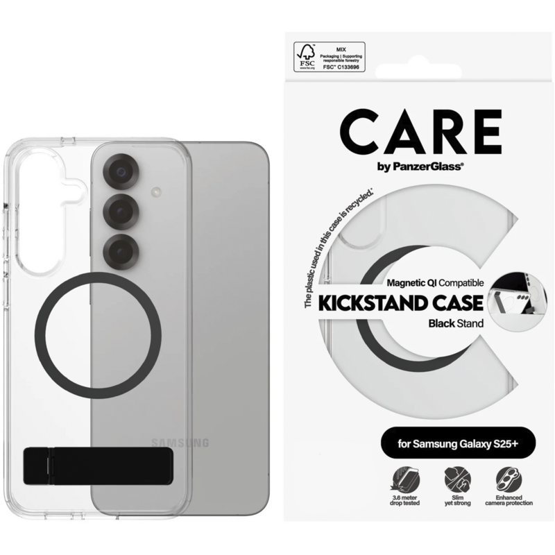 PanzerGlass Kickstand Case Handyhülle, transparent/schwarz, Samsung Galaxy S25+