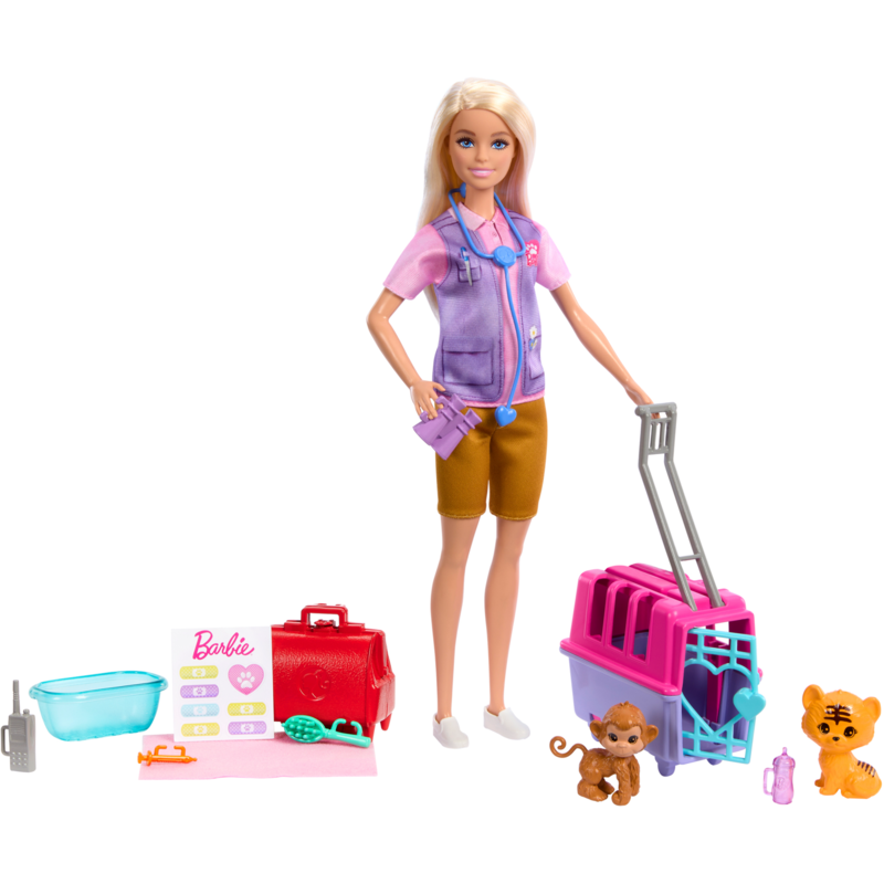 Barbie Barbie-Tierrettungsspielset mit blonder Puppe, 2 Tierfiguren und Zubehör