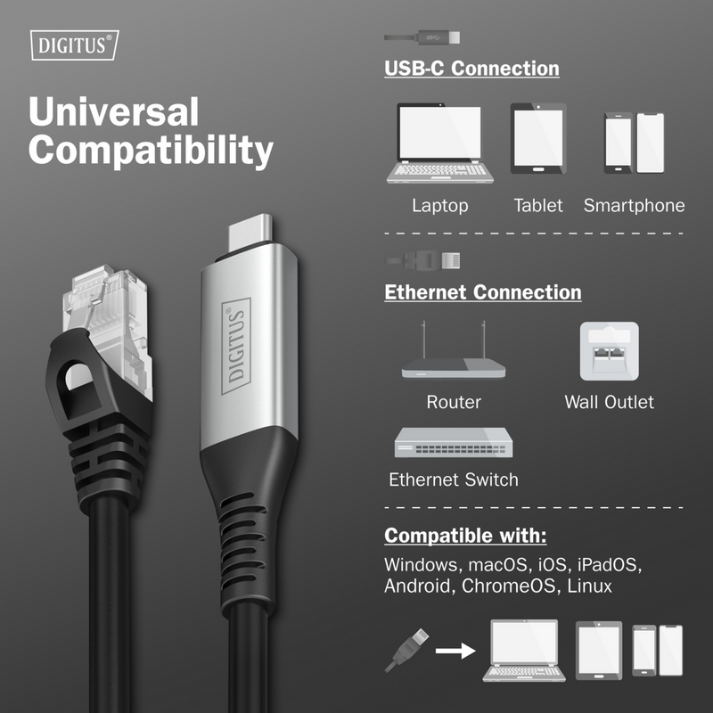 Digitus USB-C 3.2 Gen1 > RJ-45 Ethernet Kabel, 1Gbit/s Adapter, schwarz, 5