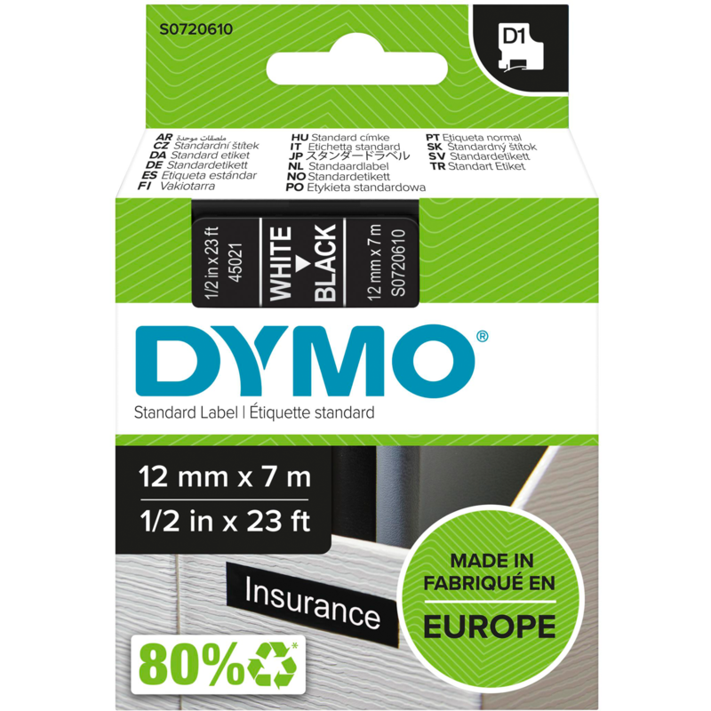 Dymo D1 ORIGINAL Schriftband, weiß auf schwarz, 12mm x 7m, S0720610