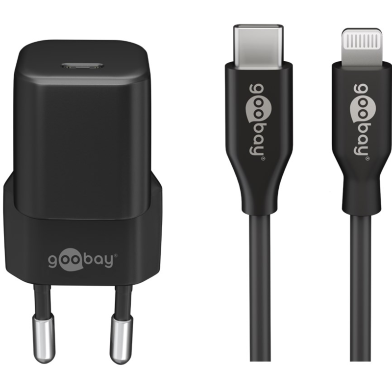 goobay Apple Lightning / USB-C PD-Ladeset 30 Watt Ladegerät, schwarz, 1 Meter