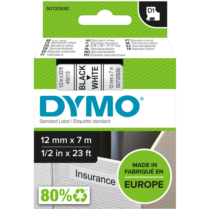 Dymo D1 ORIGINAL Schriftband, schwarz auf weiß, 12mm x 7m, S0720530