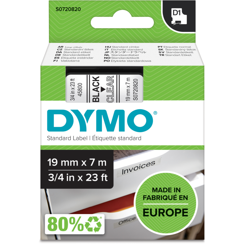 Dymo D1 ORIGINAL Schriftband, schwarz auf transparent, 19mm x 7m, S0720820