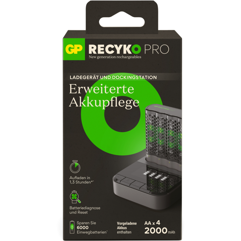 GP Batteries USB Akkuladegerät RECYKO PRO P461, 4 Ladeslots, inkl. Docking