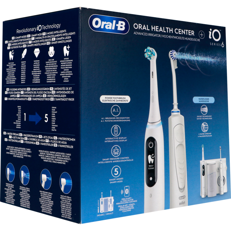 Oral-B Center OxyJet Reinigungssystem - Munddusche + Oral-B iO6 Mundpflege, weiß