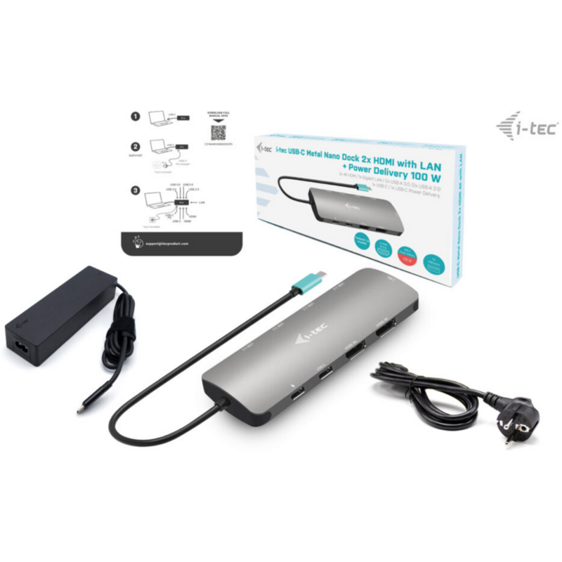 i-tec USB-C Metal Nano 2x HDMI Docking Station Notebook, HDMI, USB-C, PD, mit