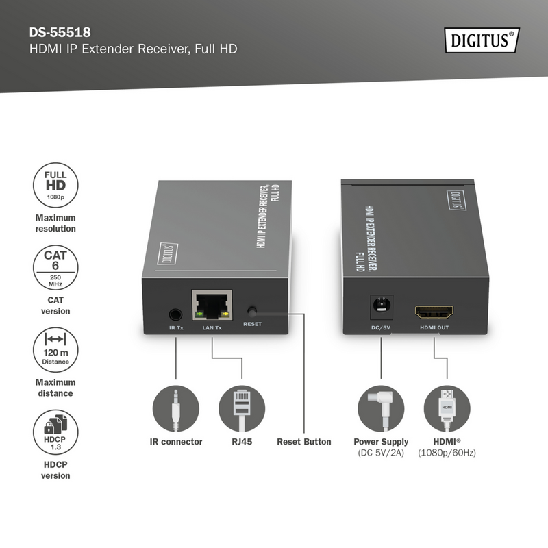 Digitus HDMI IP Extender Receiver DS-55518, Full HD HDMI Verlängerung, schwarz