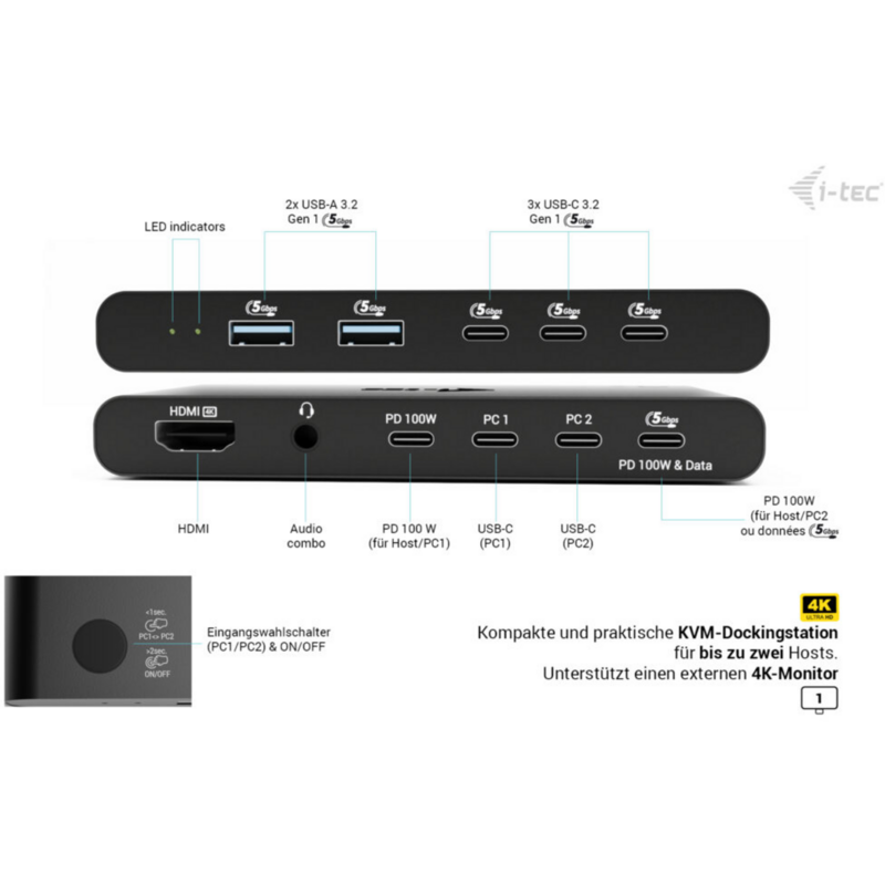 i-tec KVM HDMI Docking Station Dockingstation, schwarz, 2 Ausgangsgeräte, Power