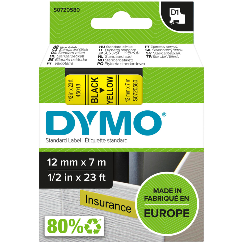 Dymo D1 ORIGINAL Schriftband, schwarz auf gelb, 12mm x 7m, S0720580