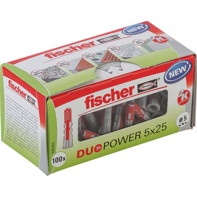 fischer Dübel DUOPOWER 5x25 LD, hellgrau/rot, 100 Stück
