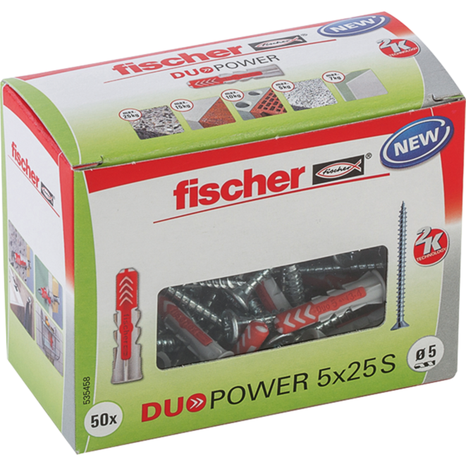fischer Dübel DUOPOWER 5x25 S LD, hellgrau/rot, 50 Stück, mit Schraube