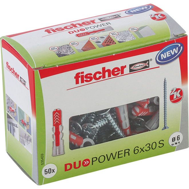 fischer Dübel DUOPOWER 6x30 S LD, hellgrau/rot, 50 Stück, mit Schraube