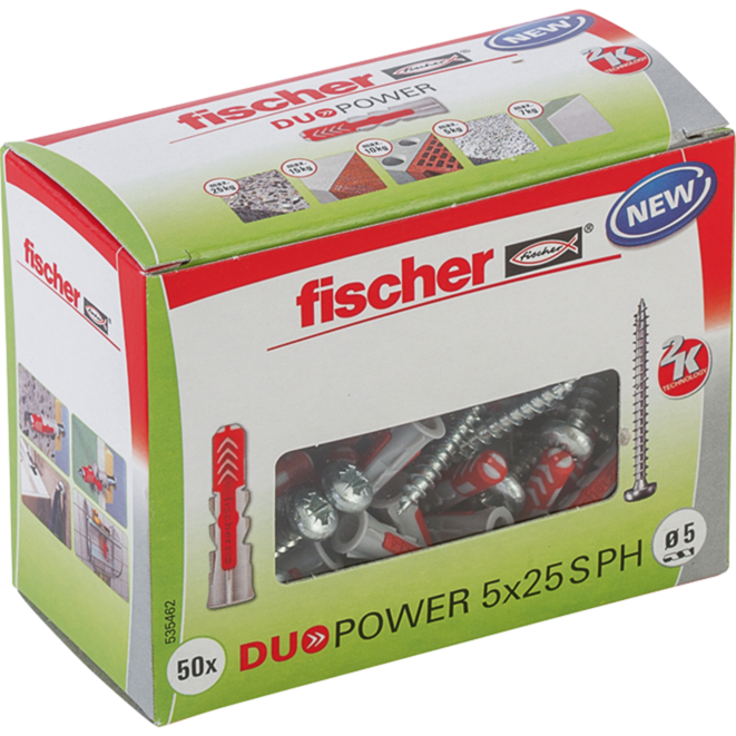 fischer Dübel DUOPOWER 5x25 S PH LD, hellgrau/rot, 50 Stück, mit Schraube