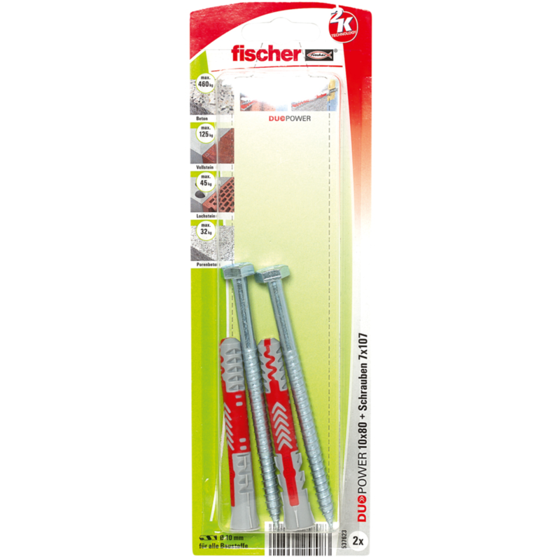 fischer Dübel DUOPOWER 10x80 S K, hellgrau/rot, 2 Stück, mit Schraube