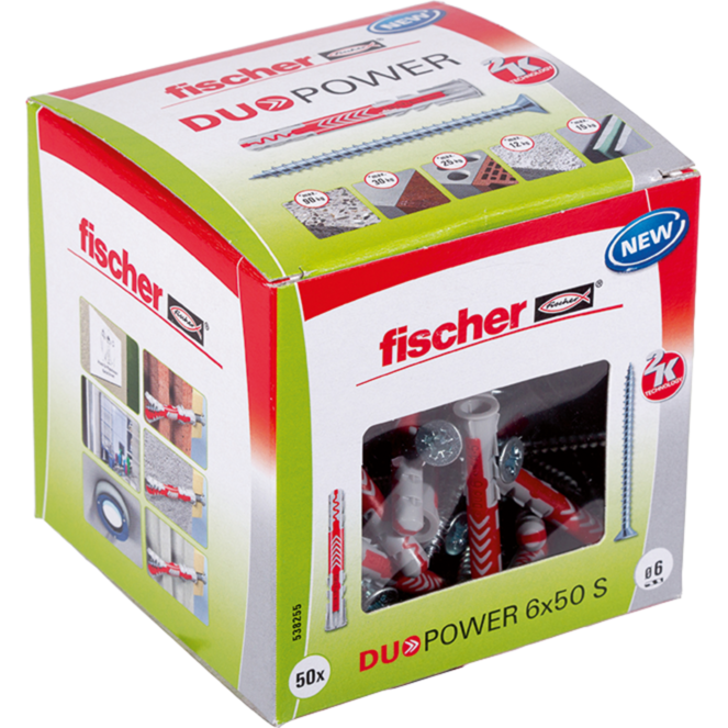 fischer Dübel DUOPOWER 6x50 S LD, hellgrau/rot, 50 Stück, mit Schraube
