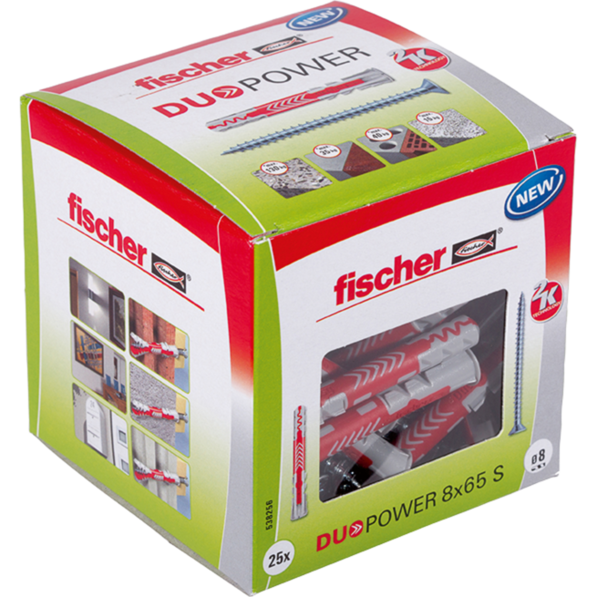 fischer Dübel DUOPOWER 8x65 S LD, hellgrau/rot, 25 Stück, mit Schraube