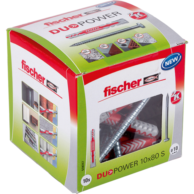 fischer Dübel DUOPOWER 10x80 S LD, hellgrau/rot, 10 Stück, mit Schraube