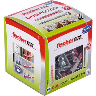 fischer Dübel DUOPOWER 6x50 S PH LD, hellgrau/rot, 50 Stück, mit Schraube