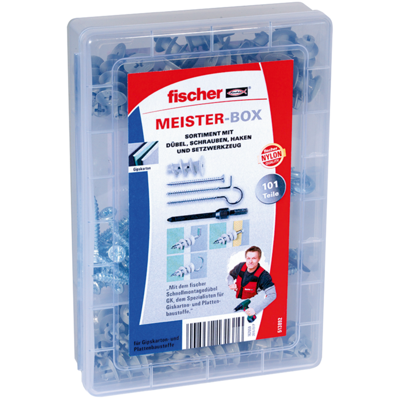 fischer Meister-Box GK + Schrauben + Haken Dübel, hellgrau, 100-teilig, mit