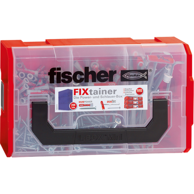 fischer FixTainer-DUOPOWER/DUOTEC Dübel, hellgrau/rot, mit Schrauben, 200-teilig
