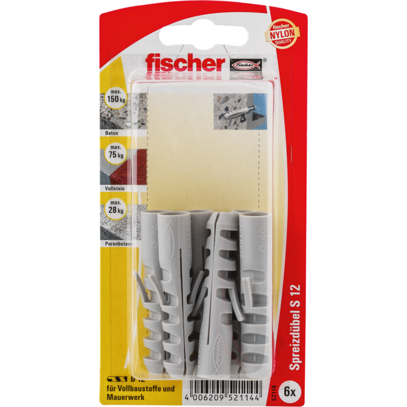 fischer Spreizdübel Dübel S 12 K, grau, 6 Stück