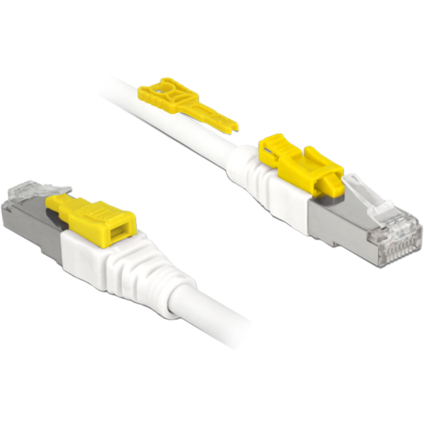 DeLOCK RJ45 Secure Cat. 6A Kabel, weiß, 5 Meter, verriegelbar, LSOH Halogenfrei