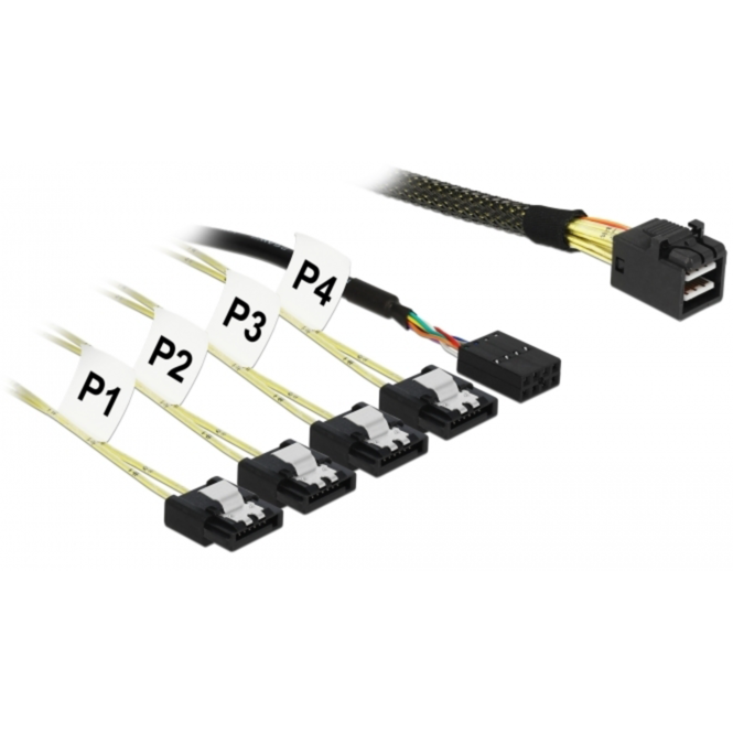DeLOCK Adapterkabel Mini SAS HD SFF-8643 > 4x SATA 7Pin, schwarz, 1 Meter, mit