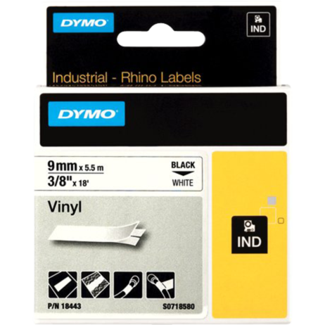 Dymo Rhino IND ORIGINAL Schriftband Vinyl 9mm x 5,5m, schwarz auf weiß