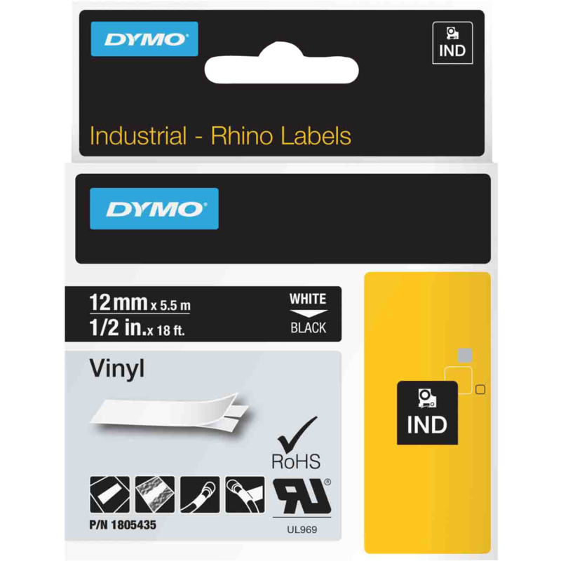Dymo Rhino IND ORIGINAL Schriftband Vinyl 12mm x 5,5m, weiß auf schwarz