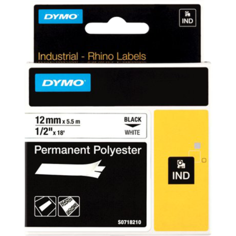 Dymo Rhino IND ORIGINAL Schriftband Polyester 12mm x 5,5m, schwarz auf weiß